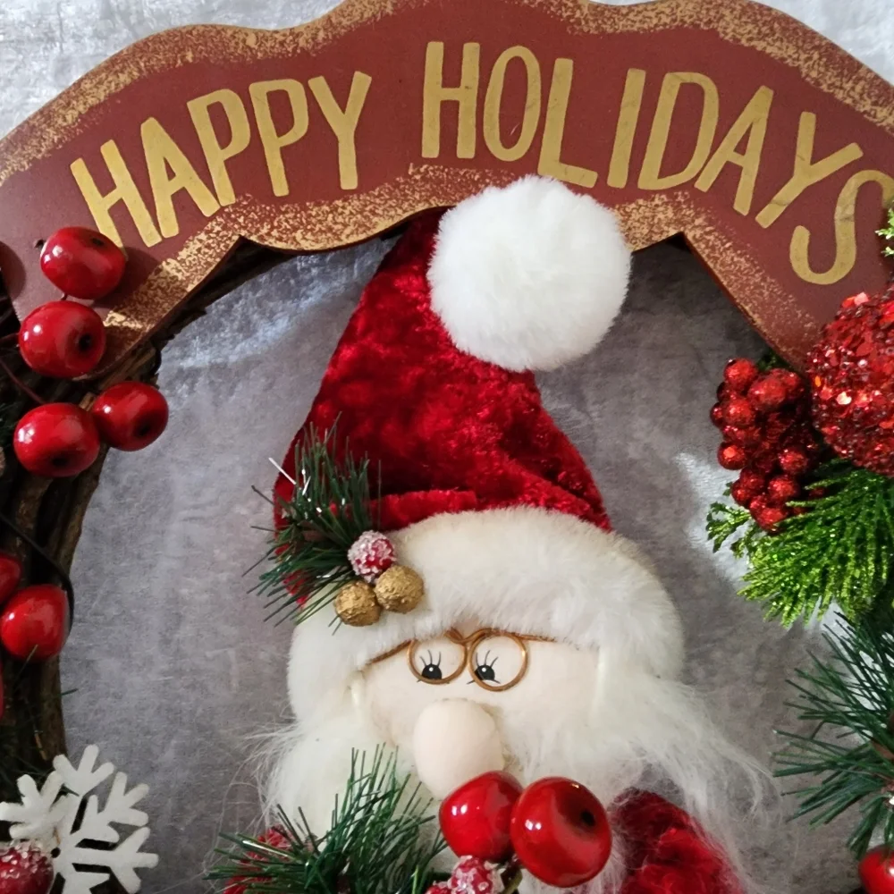 Festive Santa Holiday Wreath with Red and Green Accents Christmas Cottagecore